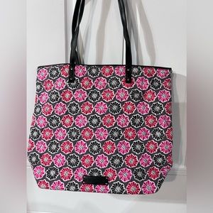 Vera Bradley tote with leather, like straps, red, pink, and black, EUC